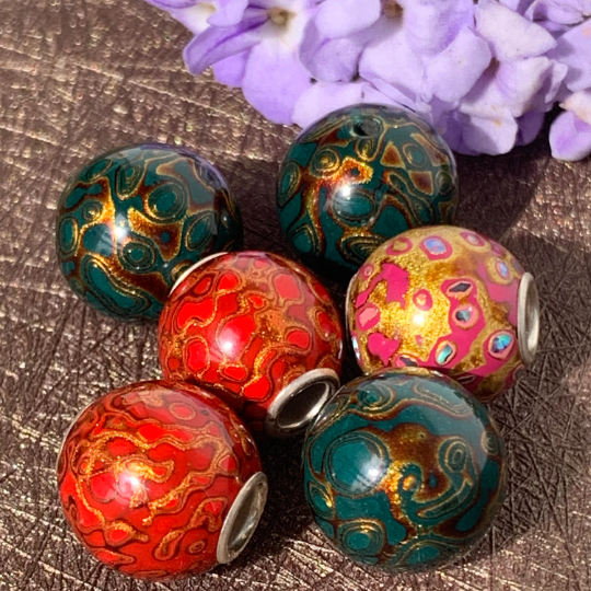 Dark Peacock Green Natural Resin Painted Handmade Wooden Beads Wood Beads with Silver Core for Bracelets