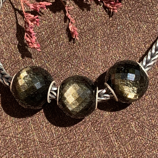 Elegant Faceted Golden Obsidian Stone Mini Round Bead Natural Gemstone with Small Core for European Trollbeads Bracelets and Pandora Bangles