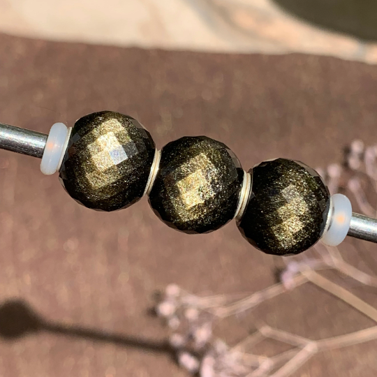 Faceted Golden Obsidian Mini Round Beads Natural Gemstone with Silver Core for European Bracelets and Bangles