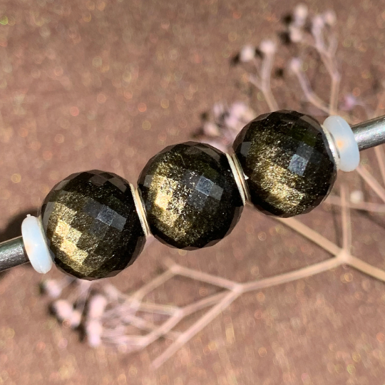 Elegant Faceted Golden Obsidian Stone Mini Round Bead Natural Gemstone with Small Core for European Trollbeads Bracelets and Pandora Bangles