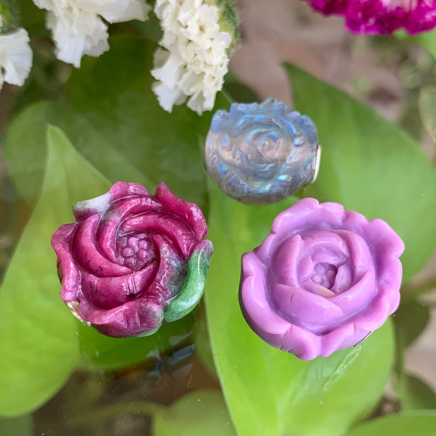 Stunning Carved Ruby Zoisite Labradorite Purple Mica Beads Rose Flowers Natural Gemstone Beads