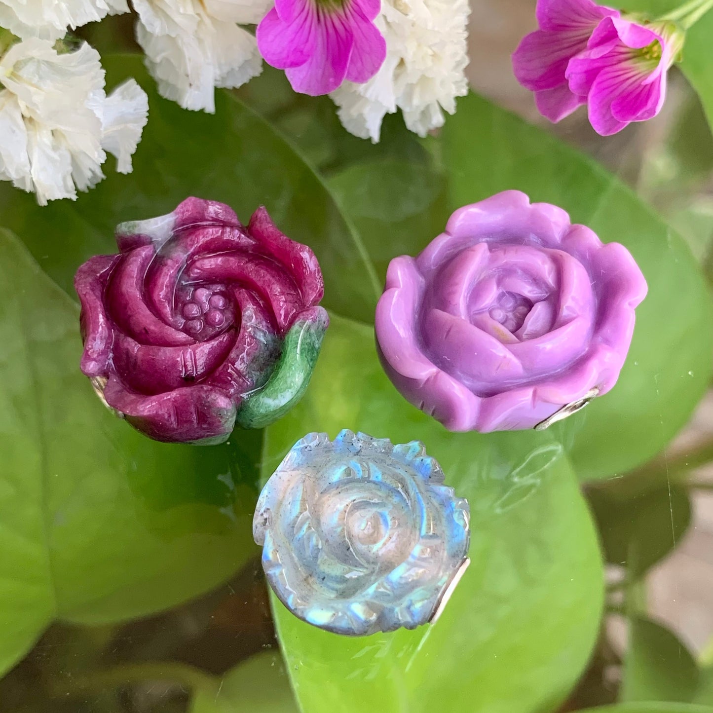 Stunning Carved Ruby Zoisite Labradorite Purple Mica Beads Rose Flowers Natural Gemstone Beads