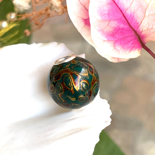 Dark Peacock Green Natural Resin Painted Handmade Wooden Beads with Silver Core for Bracelets