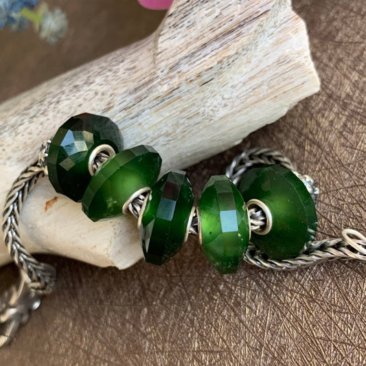 Faceted Green Serpentine Jade Gemstone Bead in the shape of abacus bead with Sliver Core for European Charm Bracelets