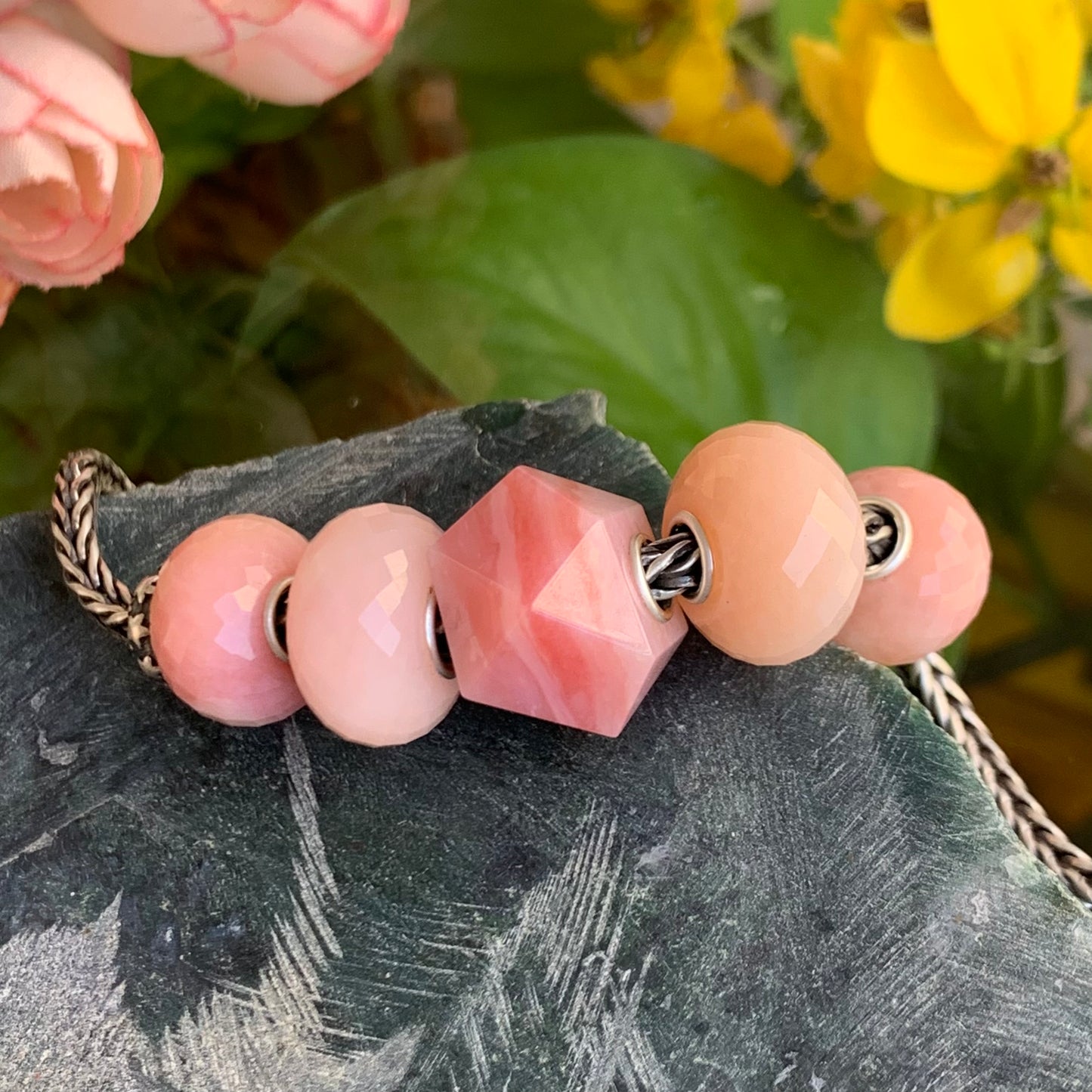 Natural Flat and Polyhedron Pink Opal Beads with Big Core Fits European Charm Bracelets