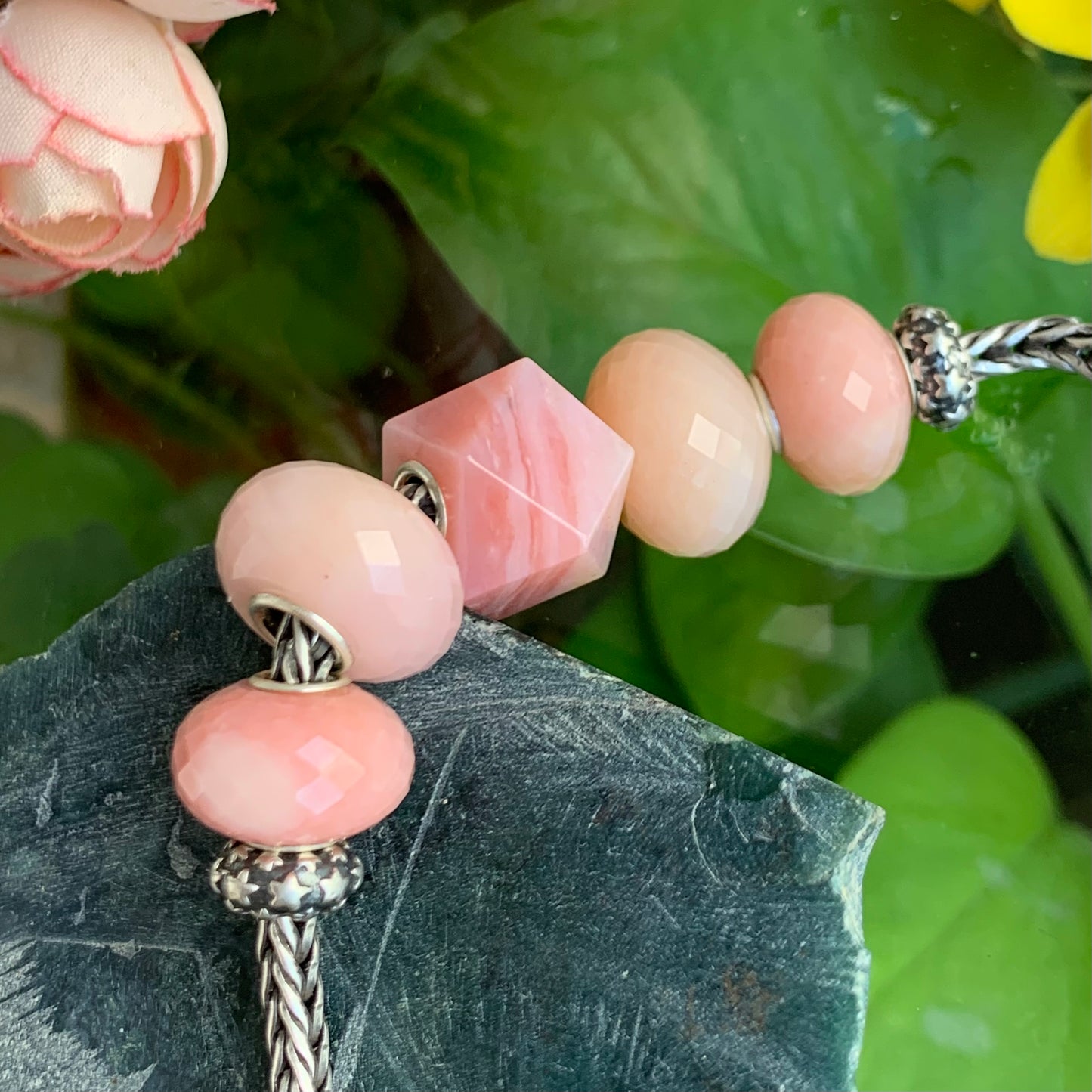 Natural Flat and Polyhedron Pink Opal Beads with Big Core Fits European Charm Bracelets