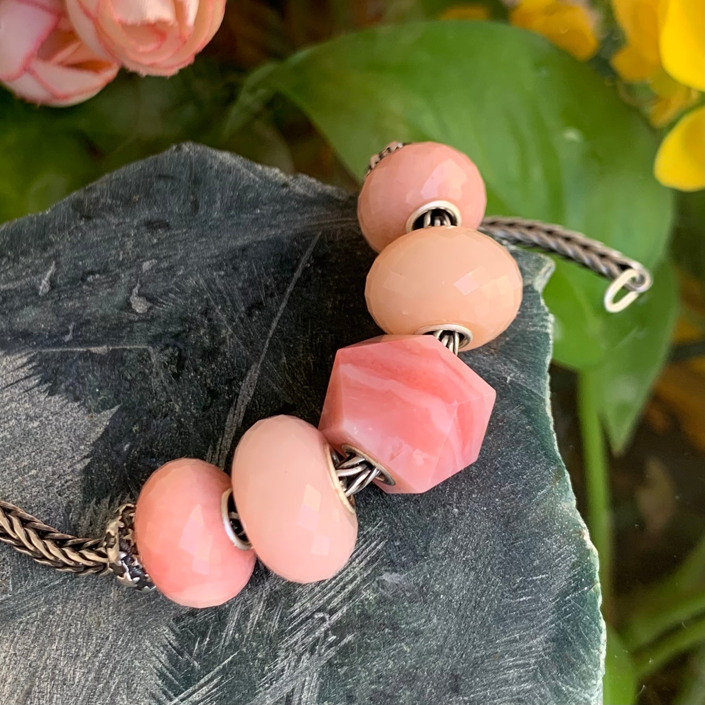 Natural Flat and Polyhedron Pink Opal Beads with Big Core Fits European Charm Bracelets