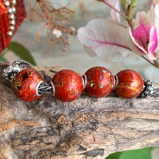 Gorgeous Red Natural Resin Painted Handmade Wooden Beads Wood Beads with Silver Core for Trollbeads Bracelets or Some Pandora Bangles