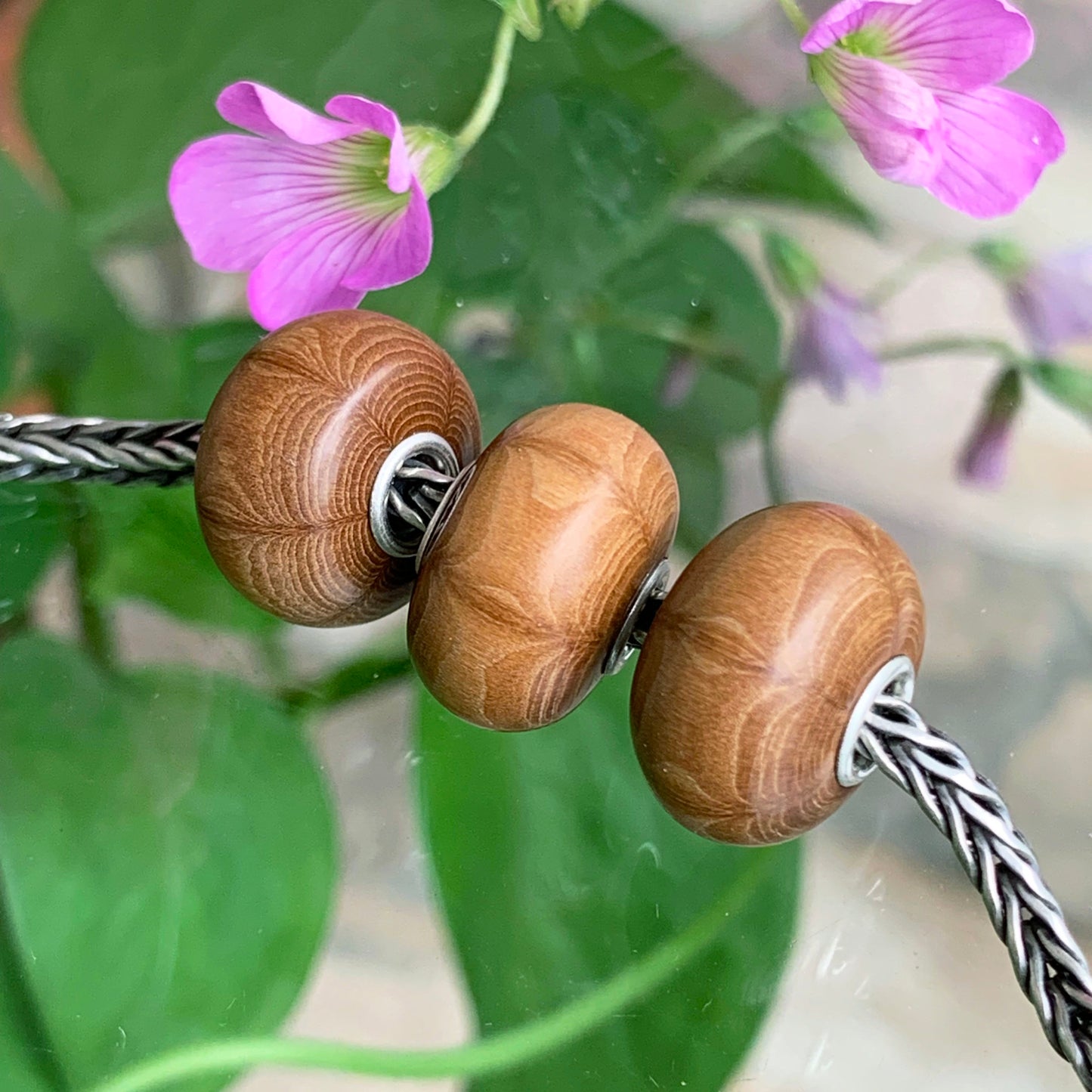 Ampearlbeads Natural Six Paths Wooden Beads with Sterling Silver Core for Bracelets or Bangles