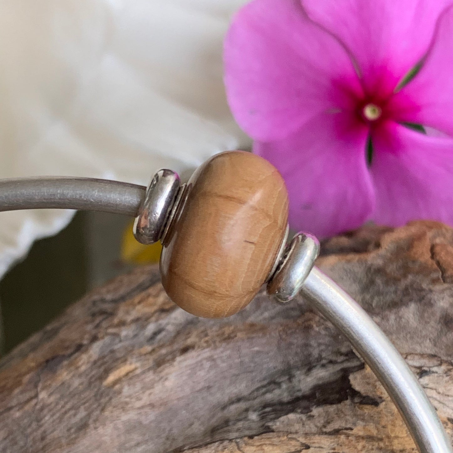 Ampearlbeads Natural Six Paths Wooden Beads with Sterling Silver Core for Bracelets or Bangles
