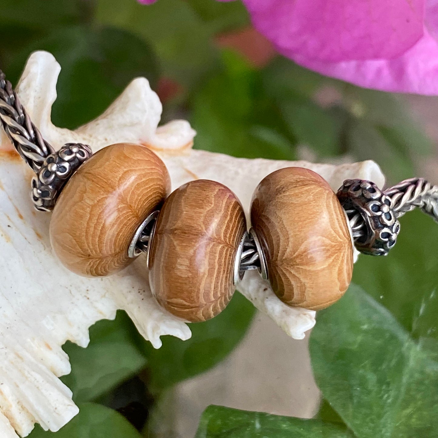 Ampearlbeads Natural Six Paths Wooden Beads with Sterling Silver Core for Bracelets or Bangles