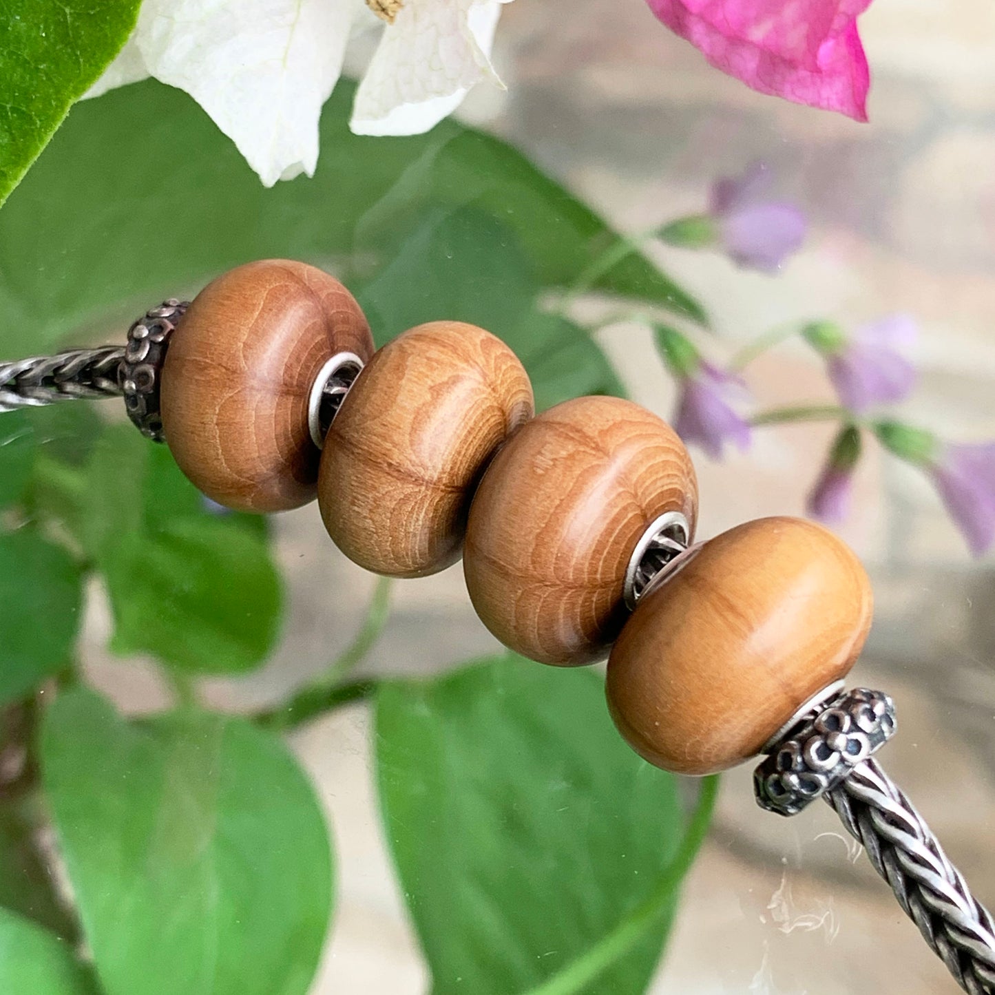 Ampearlbeads Natural Six Paths Wooden Beads with Sterling Silver Core for Bracelets or Bangles
