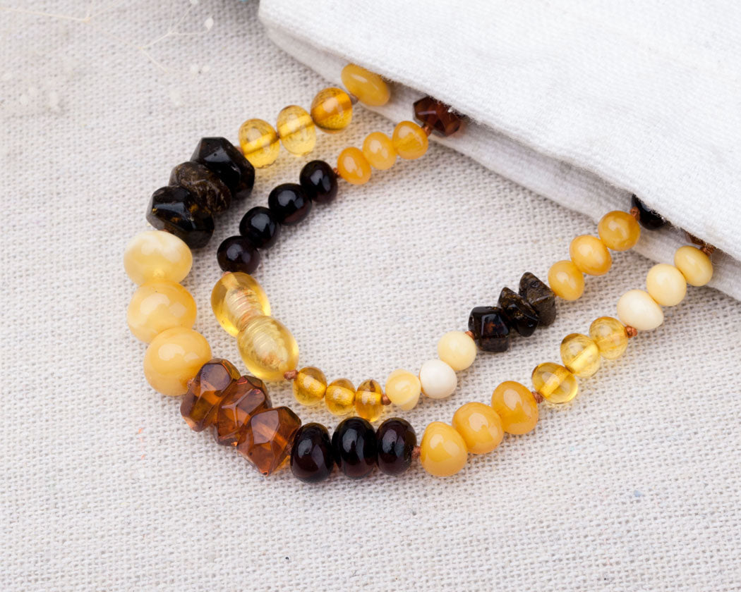 Multicolour Baltic Amber Beads Necklace with Screw Clasp and Safe Knoted Teething Amber Necklace