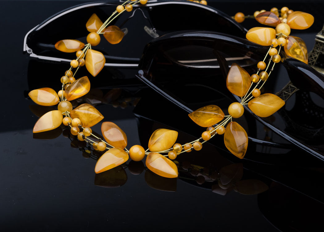 Baltic Amber Necklace with Polished Multi-Size Butterscotch Amber Beads Shaped as Flower