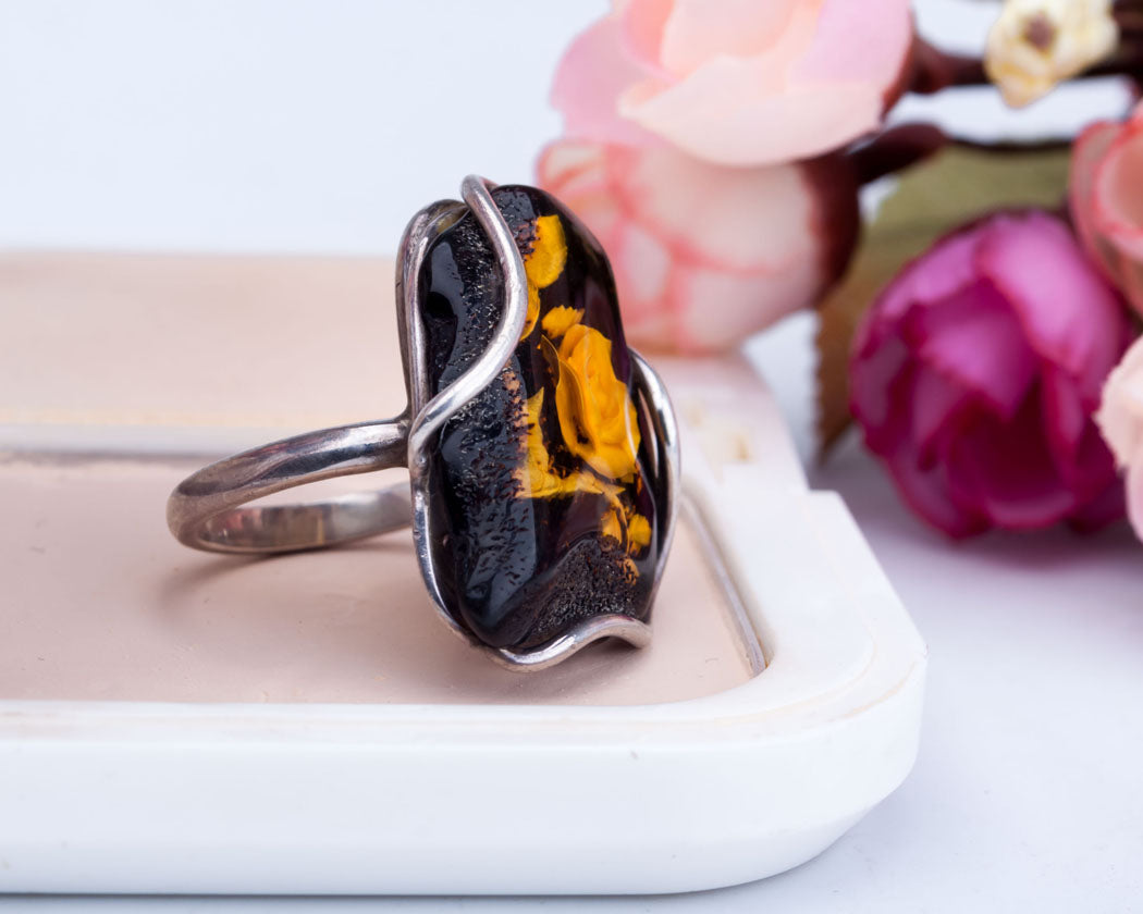 Baltic Amber & Silver Ring with Flower Carved2