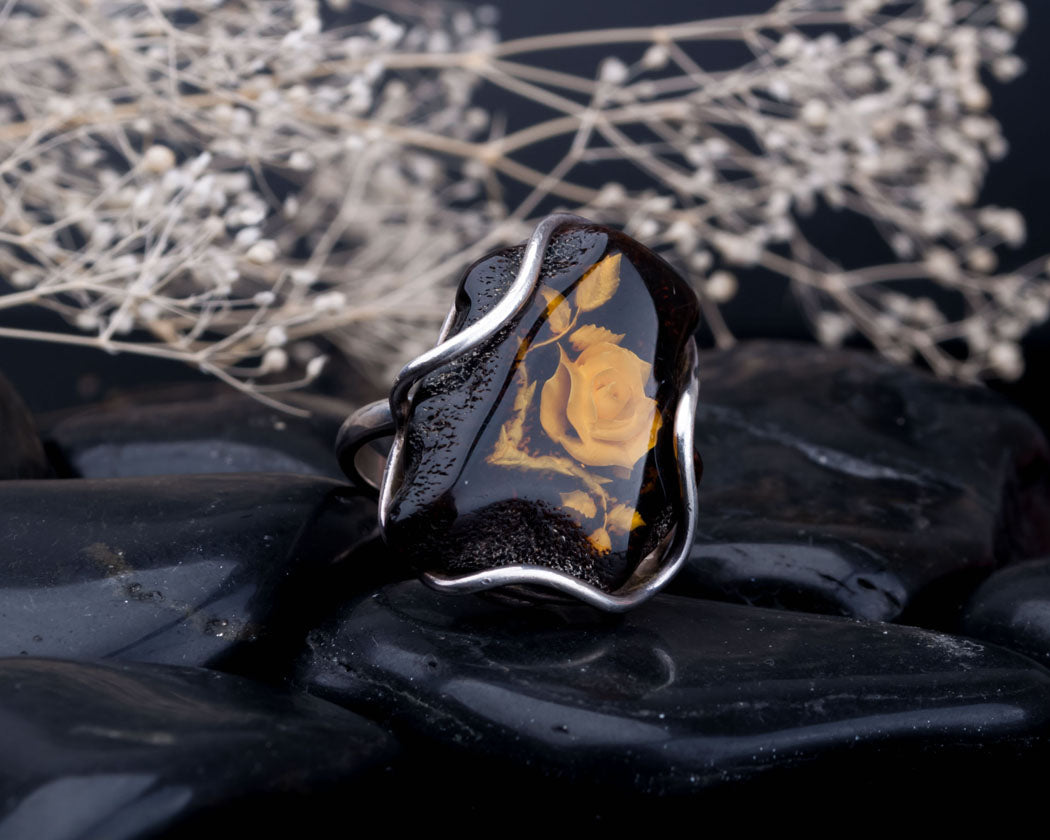 Baltic Amber & Silver Ring with Flower Carved2