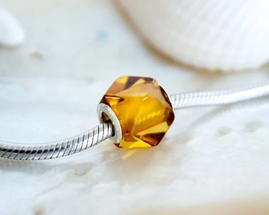 Faceted Baltic Cognac Polyhedron Amber Bead with Big Sterling Sliver Core for European Charm Bracelets