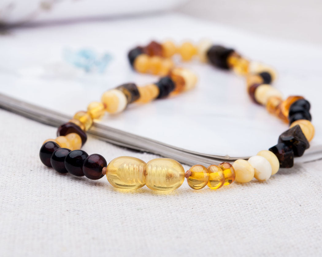 Multicolour Baltic Amber Beads Necklace with Screw Clasp and Safe Knoted Teething Amber Necklace