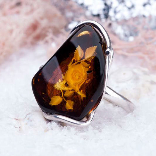 Baltic Amber & Silver Ring with Flower Carved