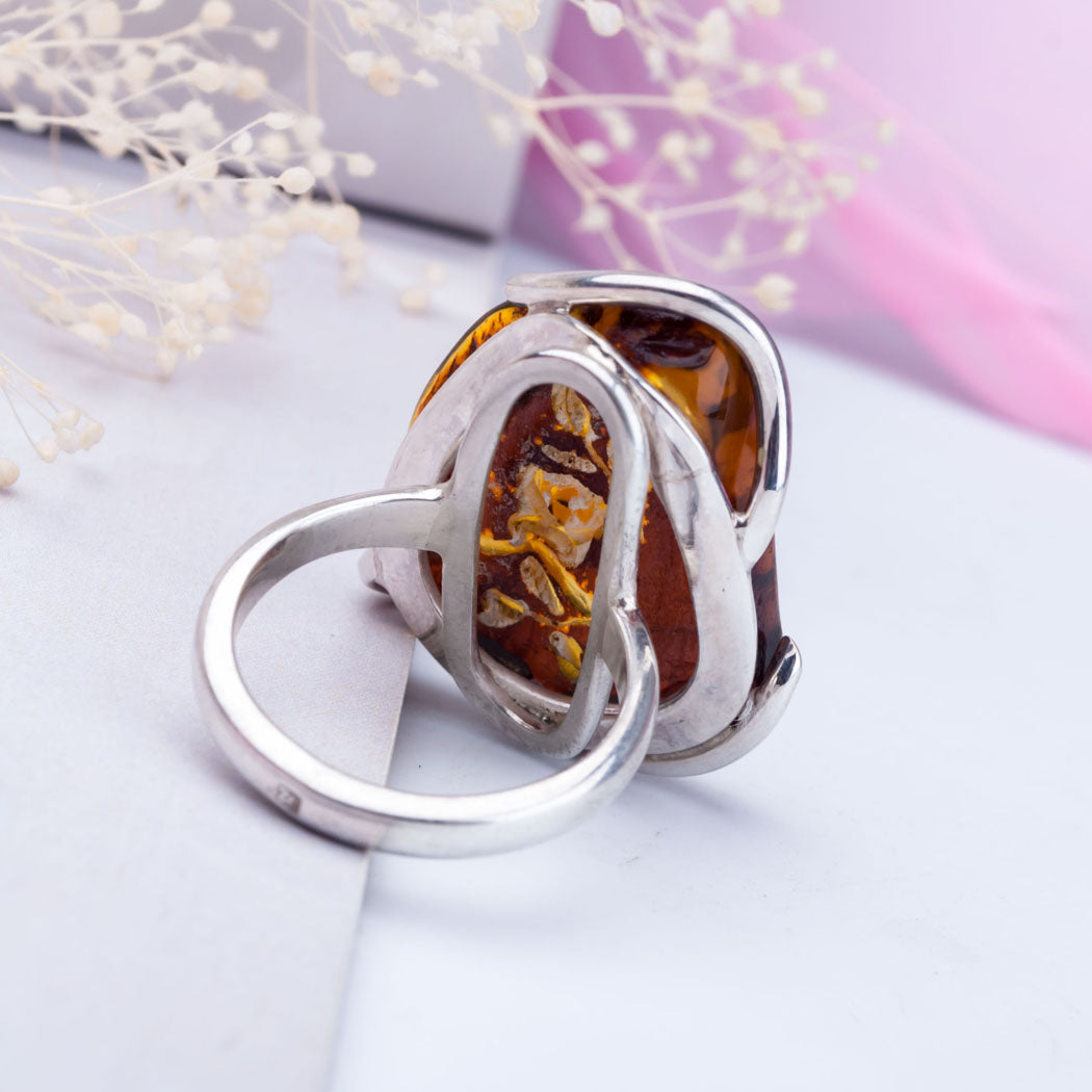 Hand Carved Designer Baltic Amber & Silver Ring with Flower Carved in Genuine Amber Stone