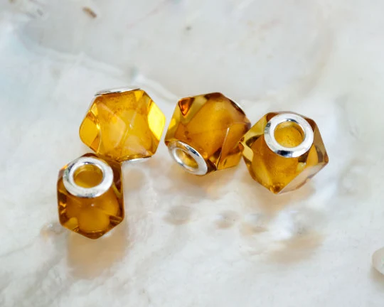 Faceted Baltic Cognac Polyhedron Amber Bead with Big Sterling Sliver Core for European Charm Bracelets
