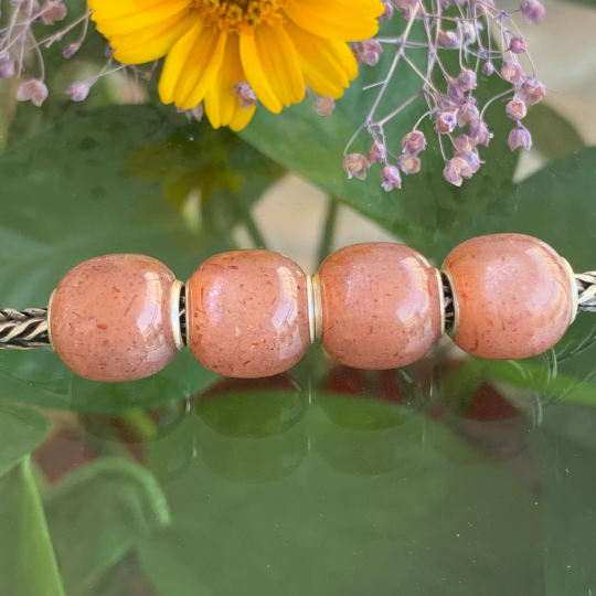 Barrel Orange Moonstone Beads Sparkling Moonstone Beads Gemstone with Silver Core for Pandora Trollbeads OHM Bracelets or Bangles