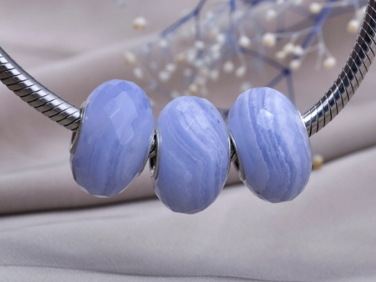 Natural Ampearlbeads Faceted Blue Lace Agate Chalcedony beads with Large Core fits European Pandora Trollbeads Bracelets