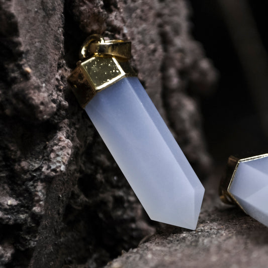 Faceted Natural Blue Chalcedony Pendant Gorgeous Hexagonal Shape with Copper Layering