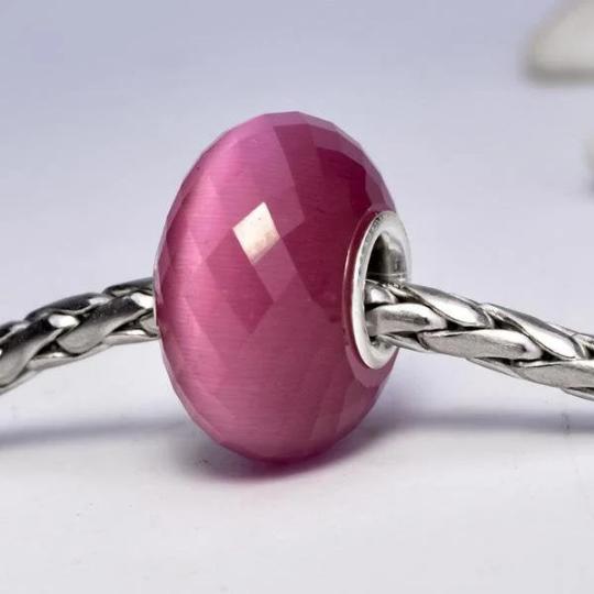 Faceted Burgundy Cats Eye Bead Pink Cat Eye Gemstone with Silver for European Charms Bracelets