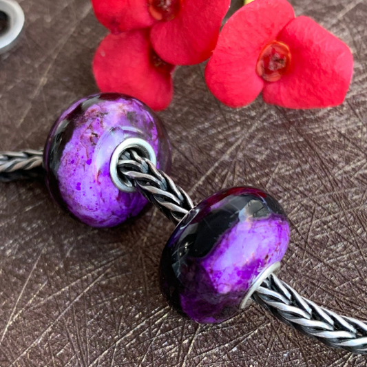 Charm Smooth Flat Sugilite and Its Associated Mine Gemstone Beads with Silver Core for Charm Trollbeads Bracelets or Some Pandora Bangles