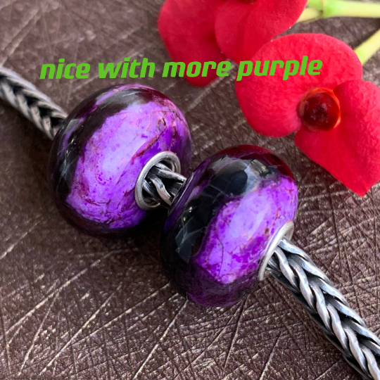 Charm Smooth Flat Sugilite and Its Associated Mine Gemstone Beads with Silver Core for Charm Trollbeads Bracelets or Some Pandora Bangles