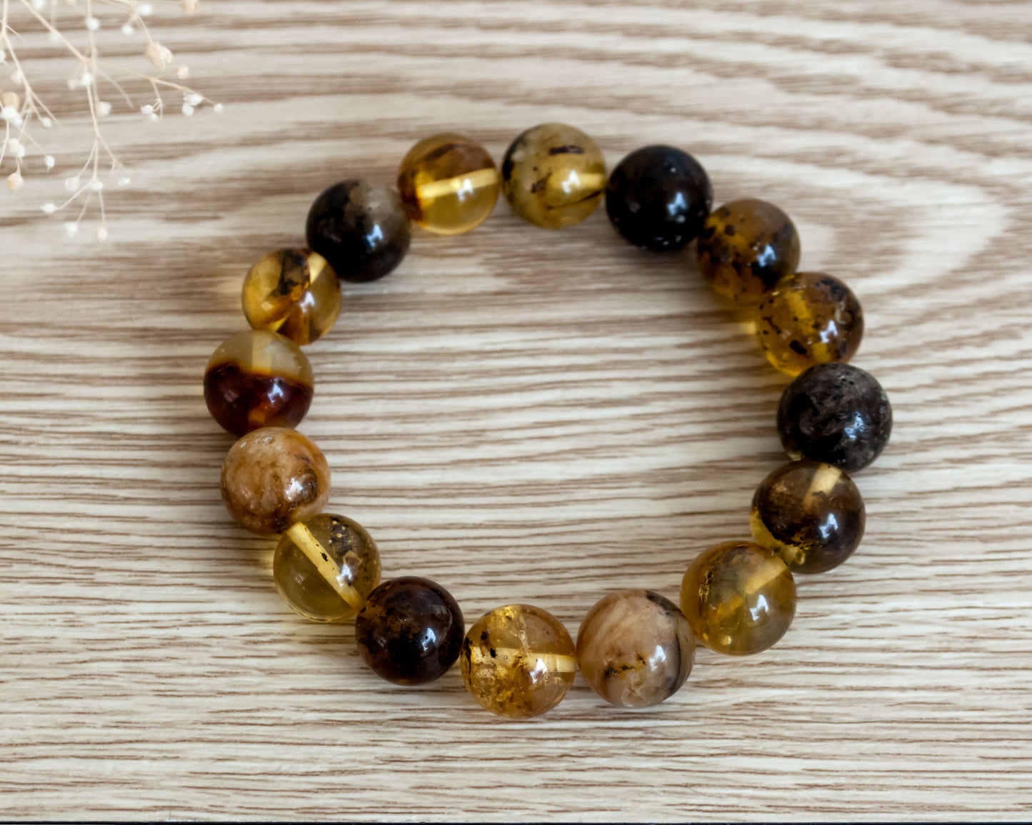 Handmade Cognac Color Charm Bracelet with Round Shape Natural Baltic Amber Gemstone Beads