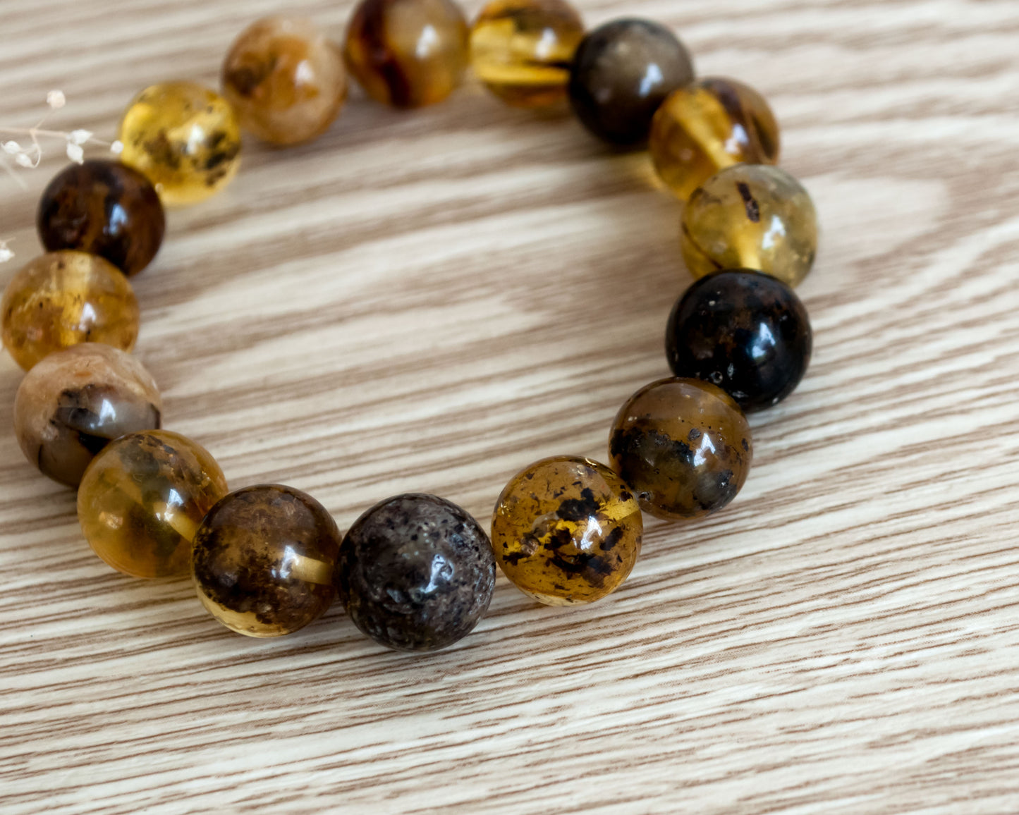 Handmade Cognac Color Charm Bracelet with Round Shape Natural Baltic Amber Gemstone Beads