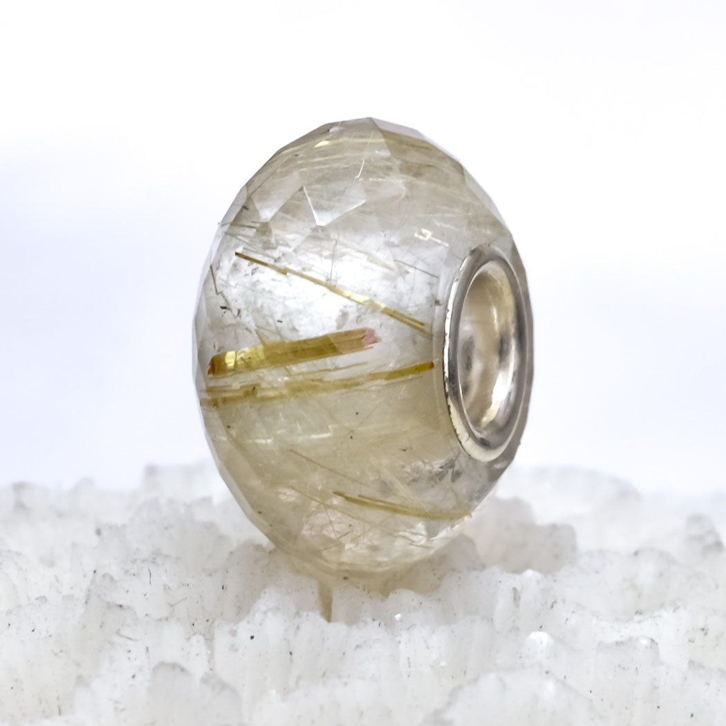 Faceted Golden Rutilite Quartz Bead with Sterling Silver Core for European Charm