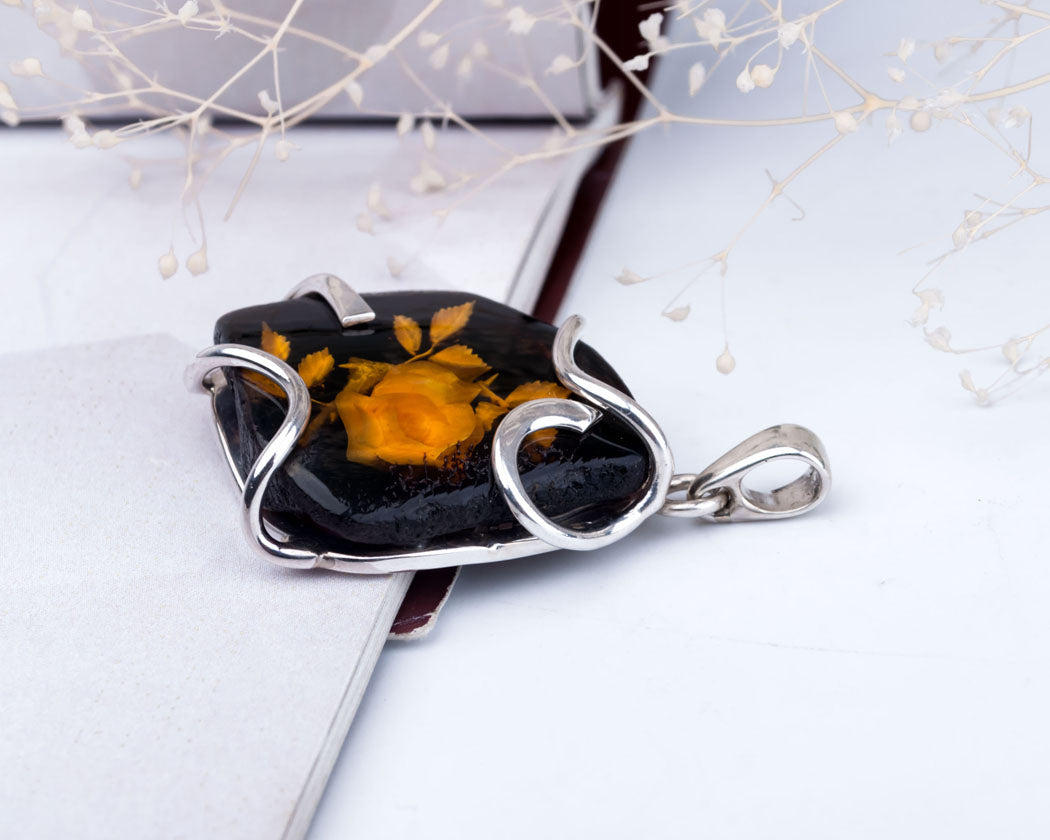 Polished Baltic Amber and Silver Pendant with Flower Engraved Amber Pendant for Necklace
