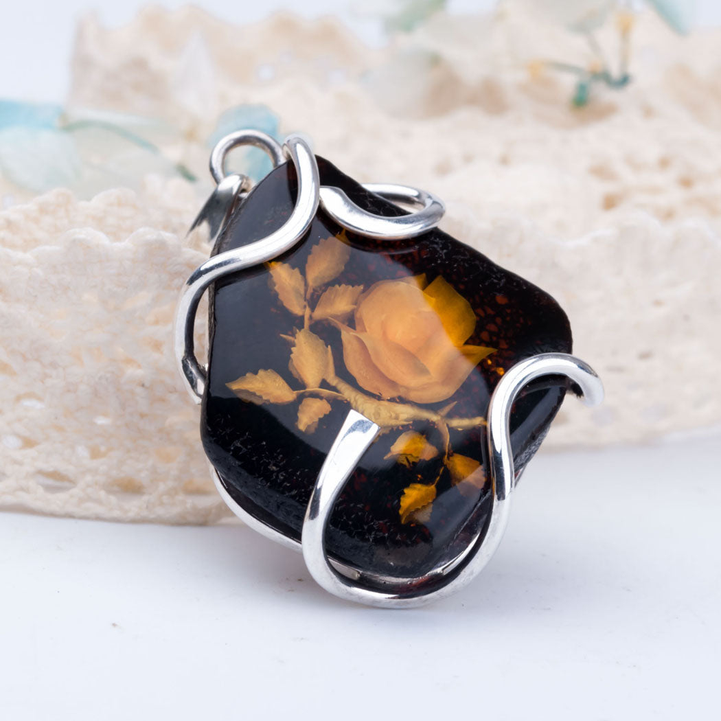 Polished Baltic Amber and Silver Pendant with Flower Engraved Amber Pendant for Necklace