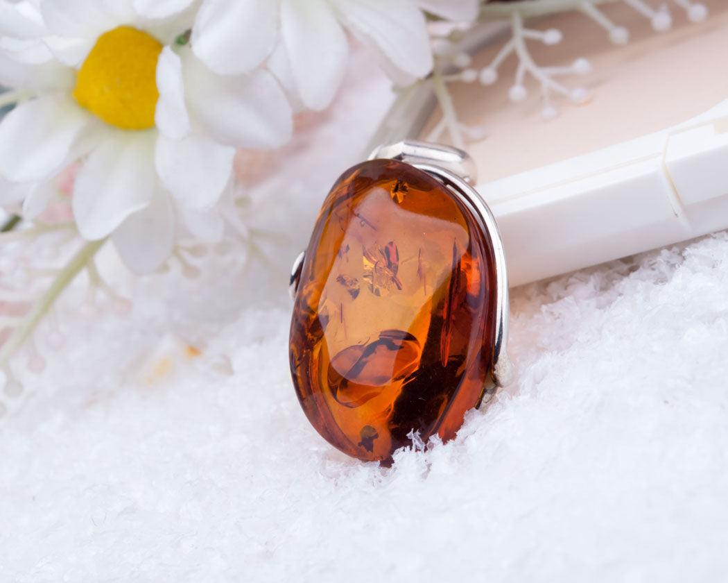 Baltic Fossil Amber Pendant in Sterling Silver Polished Cognac Amber and Silver Pendant for Necklace