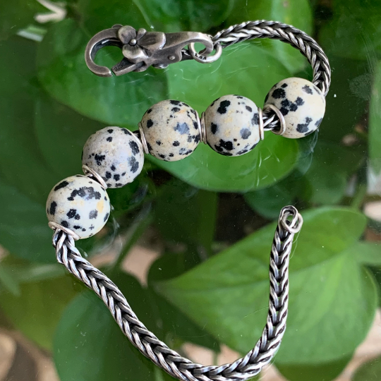 Awsome Dalmation Jasper Beads Gemstone Artisan Beads with Small Silver Core Fit for European Charm Trollbeads Bracelet or Pandora Bangle