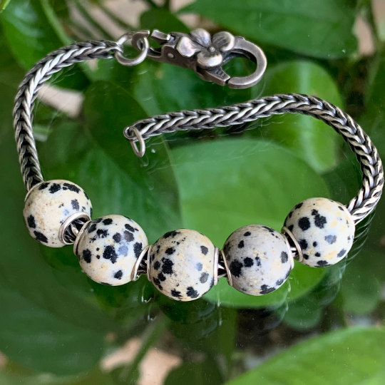 Awsome Dalmation Jasper Beads Gemstone Artisan Beads with Small Silver Core Fit for European Charm Trollbeads Bracelet or Pandora Bangle
