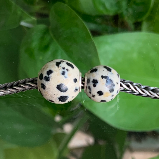 Awsome Dalmation Jasper Beads Gemstone Artisan Beads with Small Silver Core Fit for European Charm Trollbeads Bracelet or Pandora Bangle