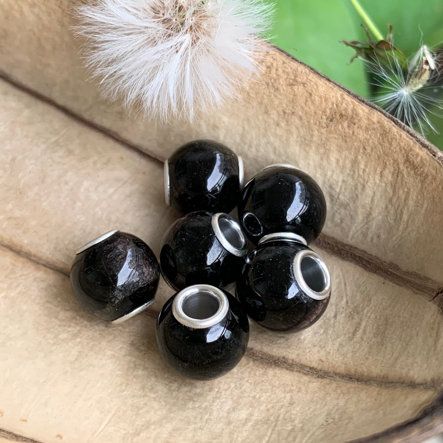 Natural Schorl Black Tourmaline Bead with Small Core Fits European Charm Bracelets