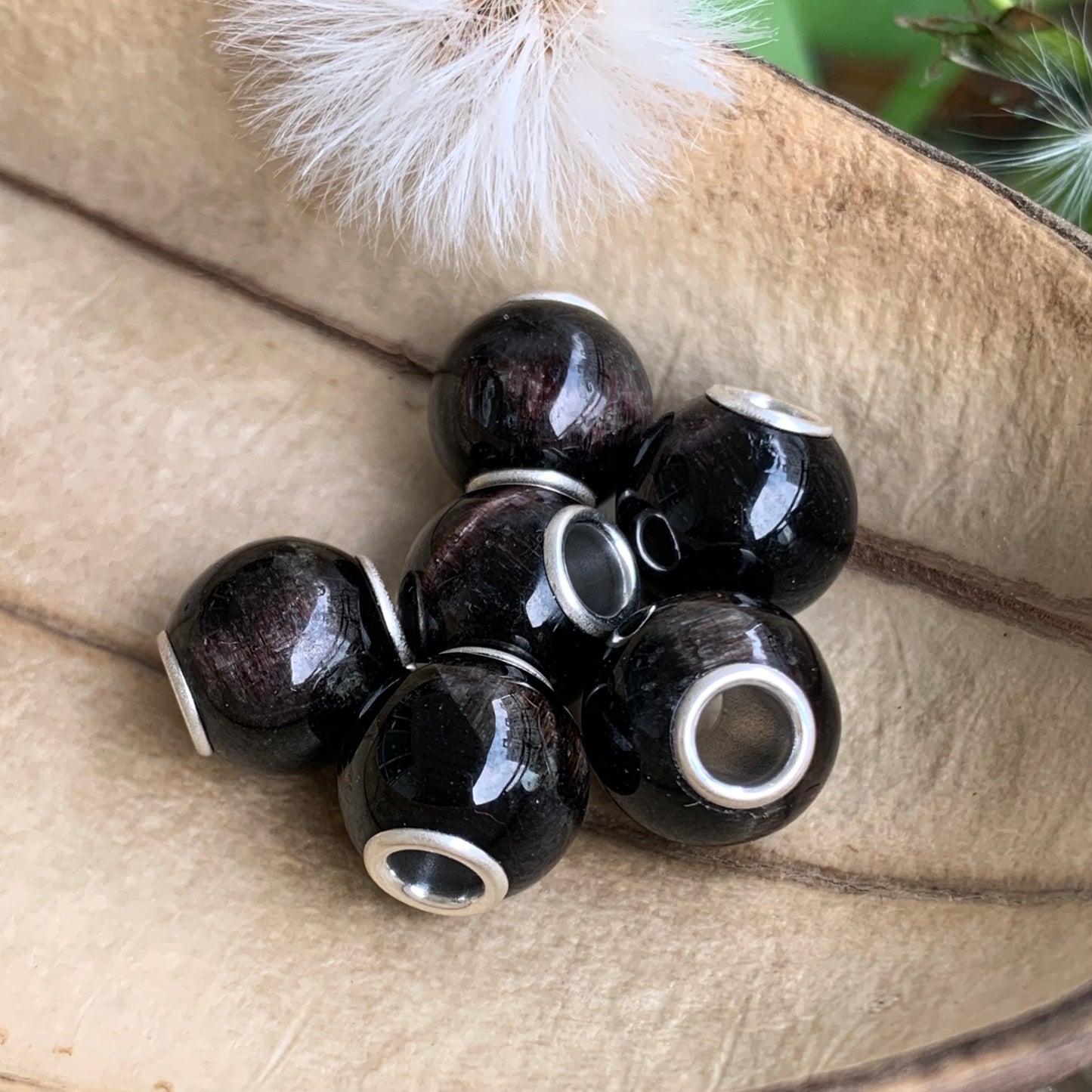 Natural Schorl Black Tourmaline Bead with Small Core Fits European Charm Bracelets