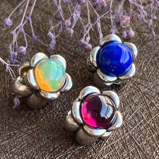 Double-sided Gemstone Silver Flower Charm Beads Lapis Lazuli Rodolite Opal for European Trollbeads Pandora Bracelets and Bangles