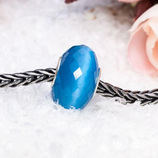 Faceted Blue Cat's Eye Gemstone Cat Eye Bead with Sterling Silver Core for European Charm Bracelets