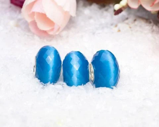 Faceted Blue Cat's Eye Gemstone Cat Eye Bead with Sterling Silver Core for European Charm Bracelets