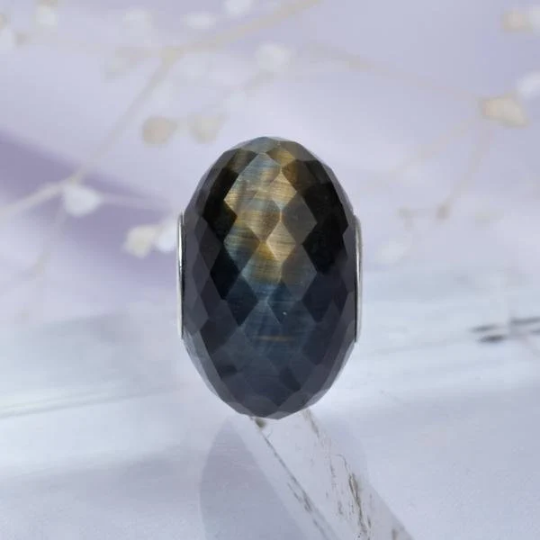 Faceted Blue Tiger's Eye Gemstone Bead with Sliver Core for European Charm Bracelets