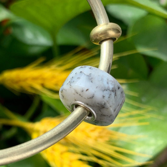 Cute Faceted Dendritic Agate Gemstone Bead Milky White Dendritic Agate with Sterling Silver Core for European Charm Bracelets Inactive Photos