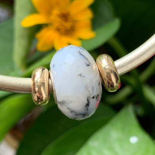 Cute Faceted Dendritic Agate Gemstone Bead Milky White Dendritic Agate with Sterling Silver Core for European Charm Bracelets Inactive Photos