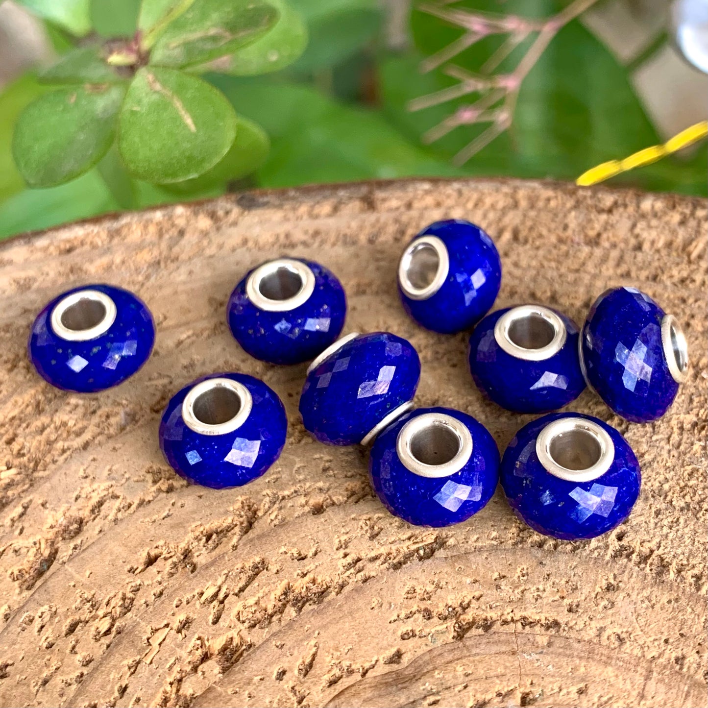 Faceted Small Size Royal Blue Lapis Lazuli Beads with Silver Core Compatible For European Bracelet Bangles