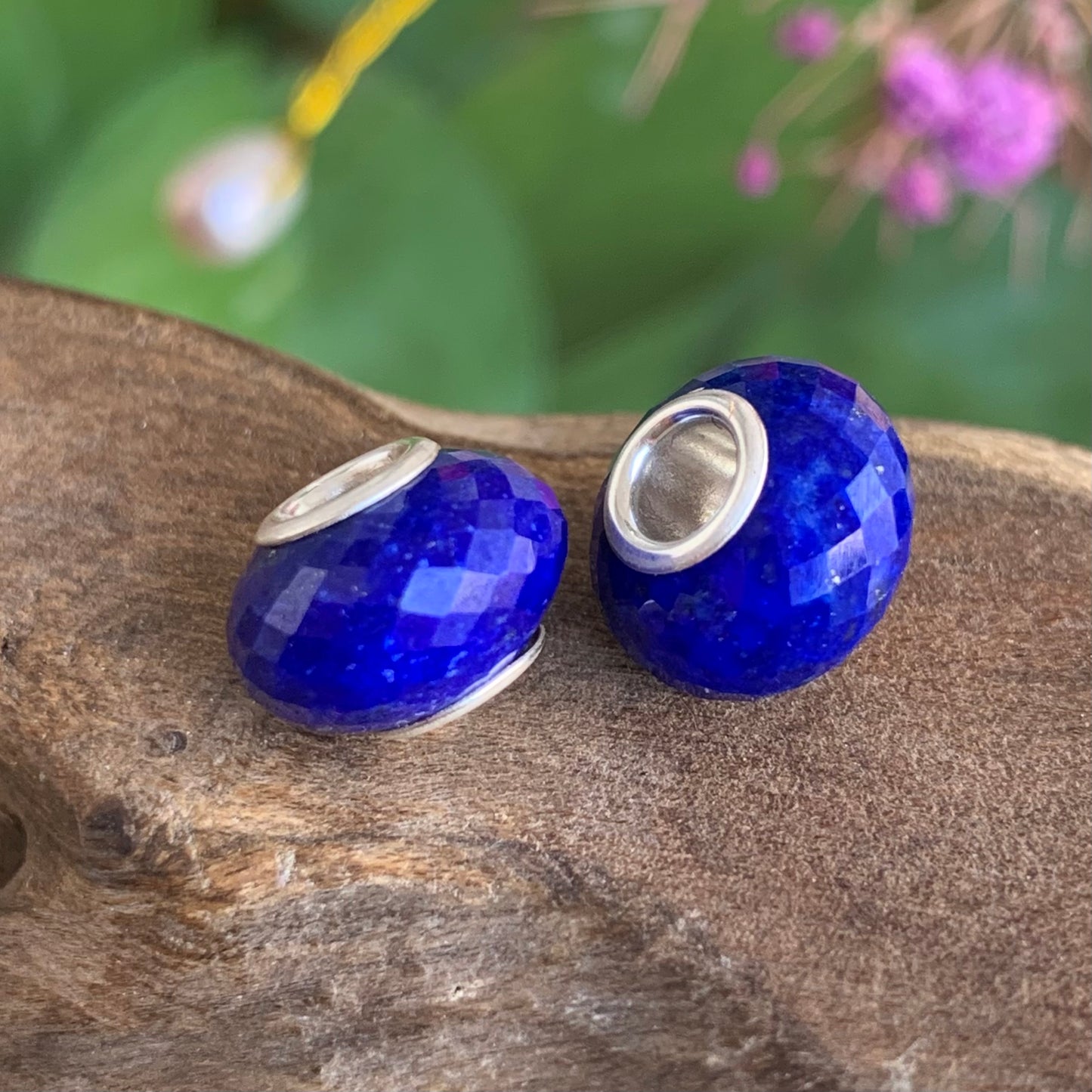 Faceted Small Size Royal Blue Lapis Lazuli Beads with Silver Core Compatible For European Bracelet Bangles